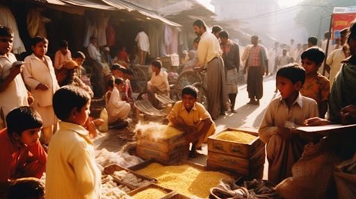 AI generated image of a group of young Indian kids gathering around a spice stand.