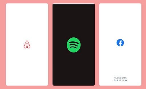 Examples of effective splash screens from Airbnb, Spotify and Facebook.