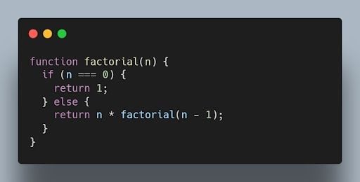JavaScript function declaration code for a factorial function.