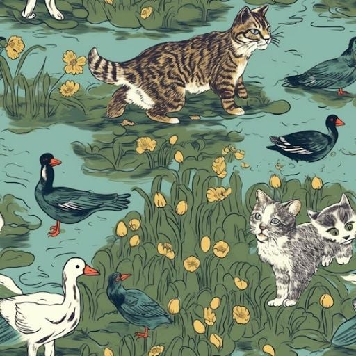 Cats and ducks on a pond illustrated scene generated with Midjourney.