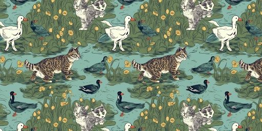 Tile scene of cats and ducks on a pond generated with Midjourney.