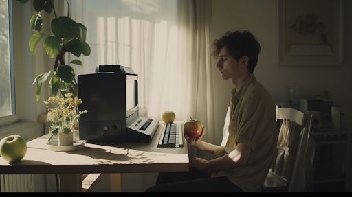 Boy at a computer desk holding an apple with an inaccurate looking hand generated by Midjourney.