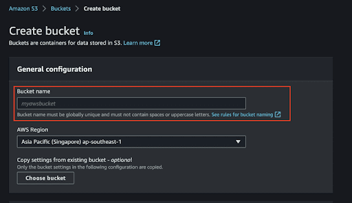 Filling in fields to create a bucket in Amazon S3