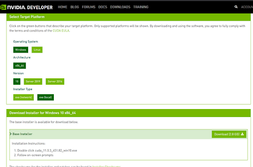 CUDA download screen on NVIDIA