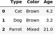 Animal and age table