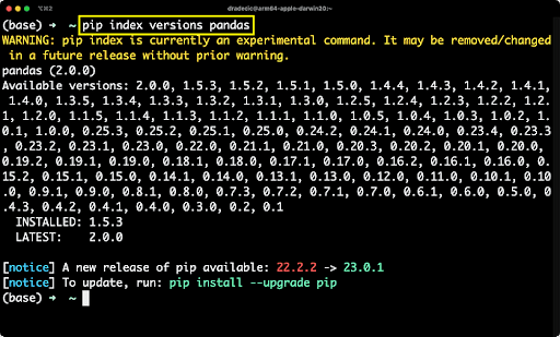 Available Pandas package versions