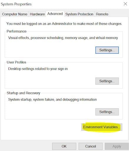 Screenshot highlighting the environment variables button in system properties.