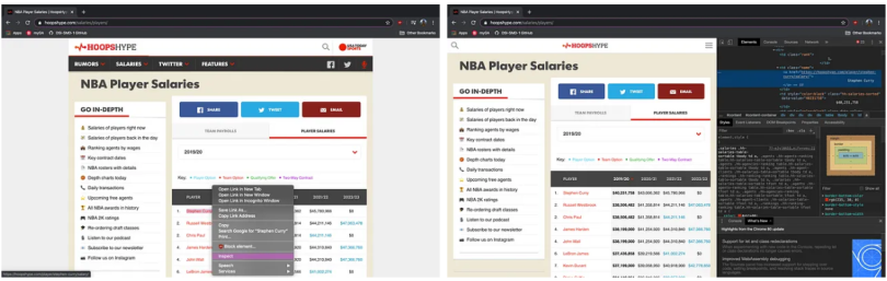 Screenshots of how to find the xpath for Hoops Hype website