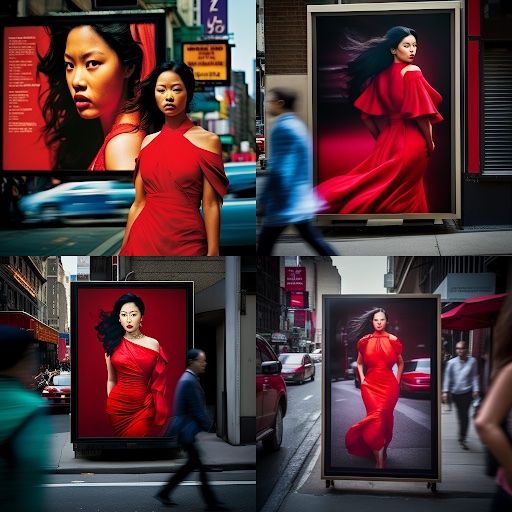 Images of a woman in traffic with a red dress and billboards generated with Midjourney V5