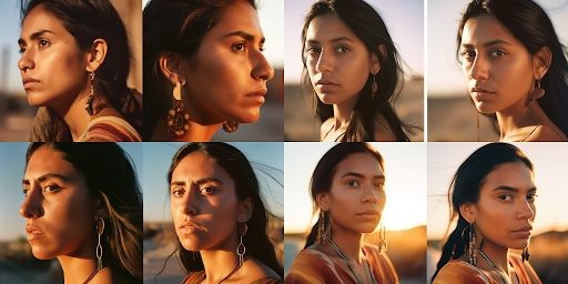 Multiple portraits of a young Mexican woman generated with Midjourney V5. 