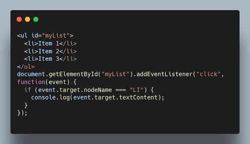 JavaScript event delegation code example. 