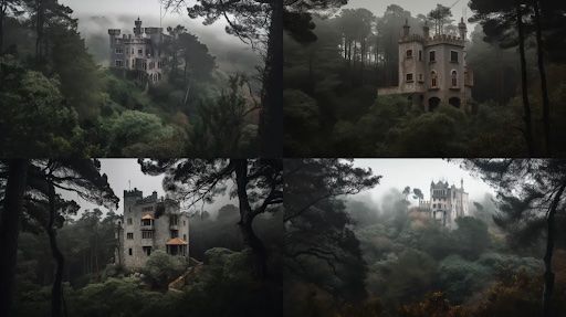 Images of a castle in a forest generated with midjourney v5.