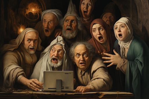 Men panicking at laptop screen created by MidJourney