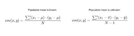 Covariance formulas according to the known and unknown population mean