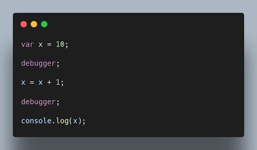 JavaScript debugger code printing the value of x at each step.