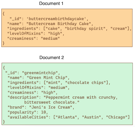 Non-relational database example: document-oriented store. The top box is orange and contains information about a flavor profile while the bottom box (green) also includes brand information