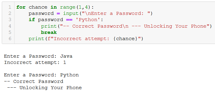 Python での break ステートメントの例。