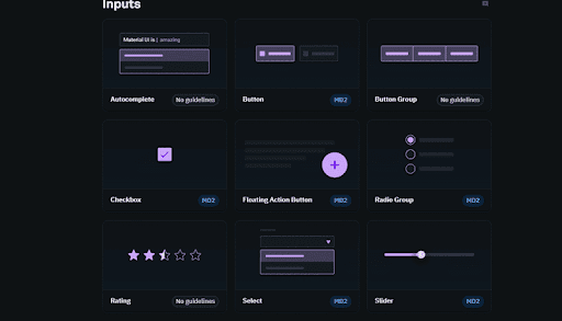 Material UI React component options.