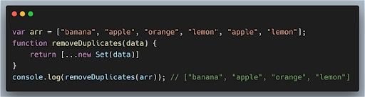 Sets method code to remove duplicates from array in JavaScript. 