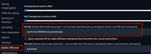 Screenshot of how to apply a VAE in stable diffusion.