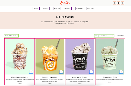  React example of Jeni's ice cream flavors web page. There are four cups of ice cream on the page inside color blocks. The flavors are High Five Candy Bar, Pumpkin Cake Roll, Cookies in Cream and Green Mint Chip. Each image has a small plus sign in the bottom right corner. The flavor tags are followed by a short description and a price. In this image, each individual image/ice cream flavor is surrounded by a red highlight box and the plus signs are surrounded by blue highlight boxes.