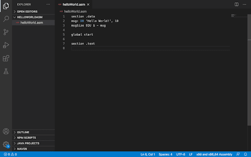 helloWorld.asm file with start text.