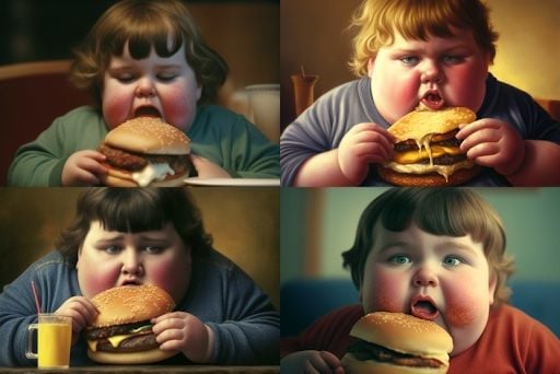 Four images of a large child eating a cheeseburger generated by Midjourney V4