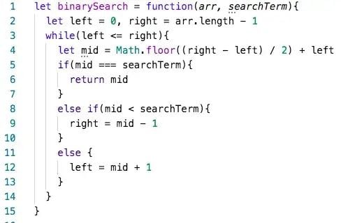 Function performs a binary search on a sorted array in O(logn) time complexity.