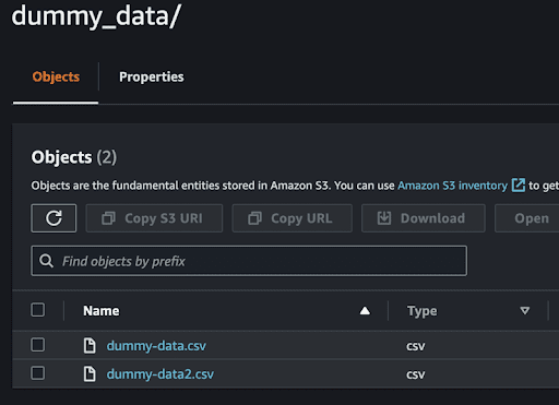 Finding the imported CSV file in S3.