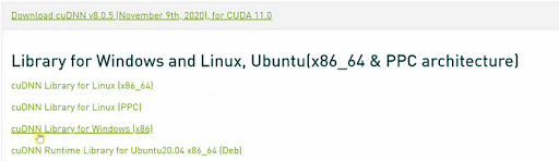 cuDNN library page to download on NVIDIA