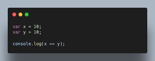 JavaScript equality operator code comparing x and y equal 10