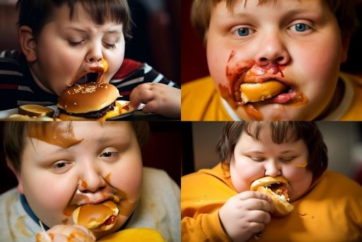 Close up image of a boy eating a hamburger generated by Midjourney V5