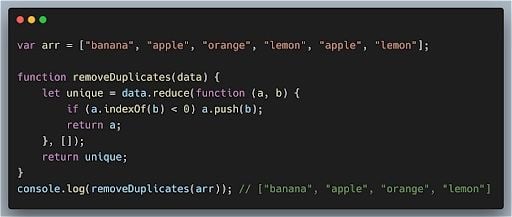 Removing duplicates from a JavaScript array using the reduce method code.