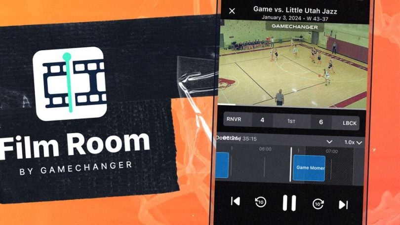 A product image from GameChanger with the words “Film Room by GameChanger” on one side and a screenshot of a phone running the program on the other. 