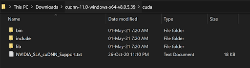 Folder contents for cuDNN download