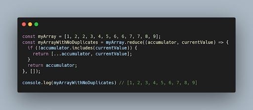 code to remove duplicate items in an array with javascript reduce.