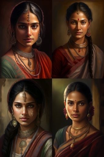 Four portrait images of an Indian woman generated by Midjourney v4.