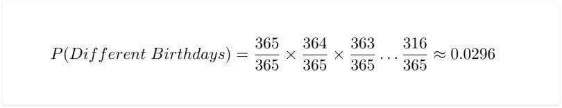 different birthdays probability equation