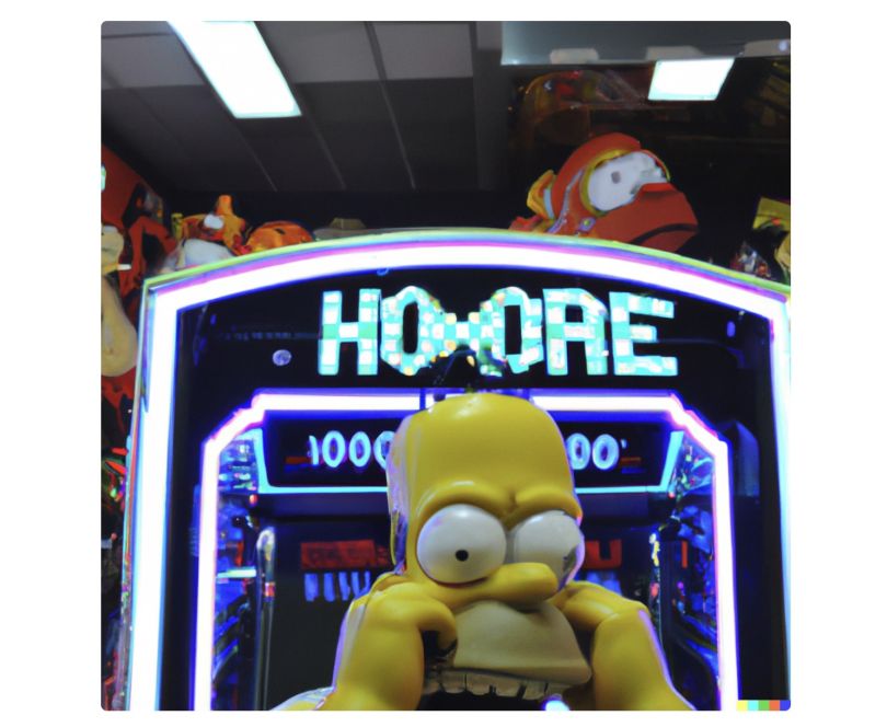DALL-E Homer Simpson dans une salle d'arcade, troisième tentative