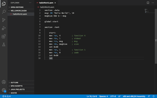 helloWorld.asm code for the ‘Hello World!’ message.