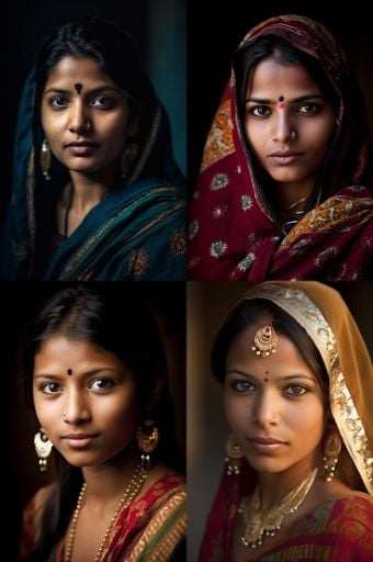 four portrait images of an Indian woman generated by Midjourney v5