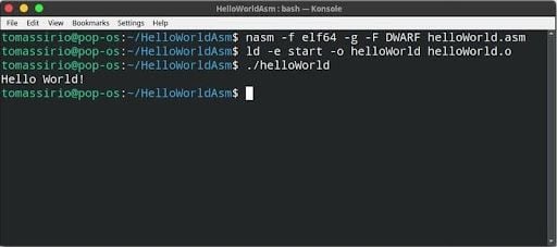 Hello World message on the terminal.