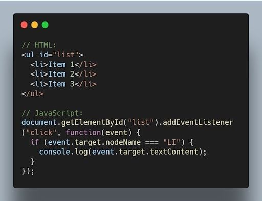 JavaScript event delegation code example.