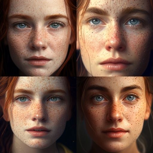 Four images of a young freckled woman generated by Midjourney V4.