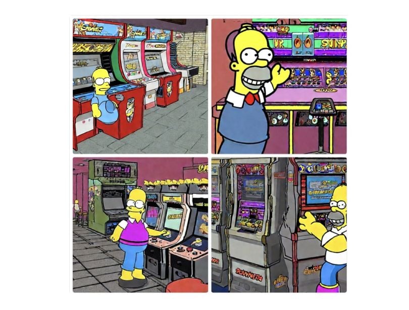 4 images Stable Diffusion montrant Homer Simpson dans une salle d'arcade