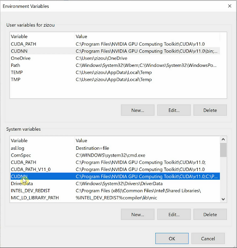 CuDNN environment variables set