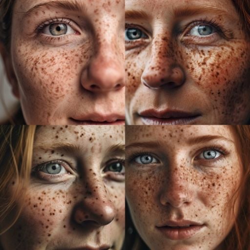 Four close up images of a woman with freckles generated using Midjourney V5. 