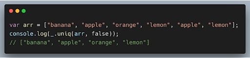 Underscore JS method code to remove duplicates from a JavaScript array.