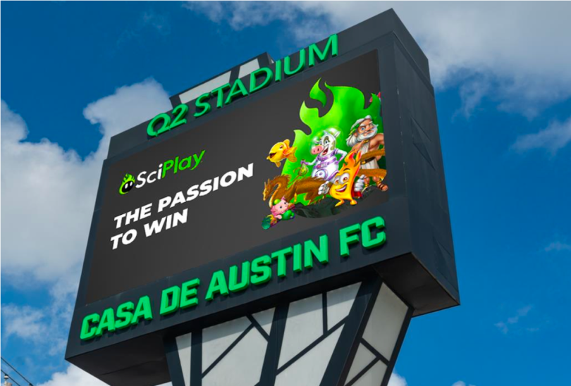 An image of an Austin FC and SciPlay marketing message on a billboard
