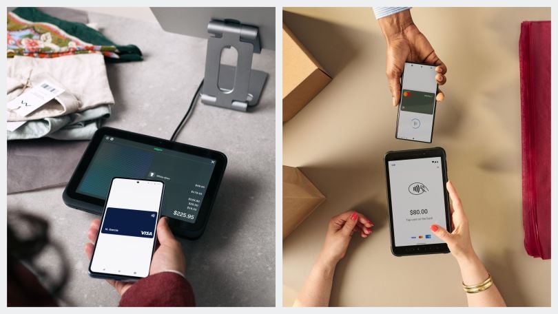 Two side-by-side images of Adyen’s new SFO1 payment terminal. 